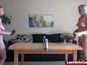 Lesbian fucking machine at the end of a table tennis strip game with two girls 6/16