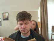 FAKEhub - Natural boob brunette trainee working in hairdressers tries cutting clients hair herself 3/16