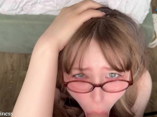 Caught a nerdy girl smoking behind school, payback with a sloppy blowjob and cum in mouth!