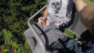 I jerk my hot cock from soft to hard in a moving chair lift. Public fun outside in the Bavarian Alps