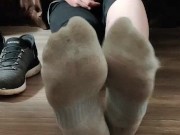 Dirty white ankle socks removed and showing off my long soles 9/16