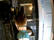 Shortest Skirt ever Horny Petite Beautiful Brunette Babe in the Bathroom takes her Panties Off to show her Tight Pussy 9/16