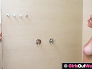 Big titted brunettes have lesbian sex in the bathroom 3/16