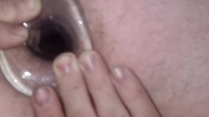 white uncut kiwi bear from NZ shows inside his asshole with a tunnel plug deep inside