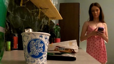 Hot tight pussy petite girl no underwear in a nightie gown pyjamas flashes her beauty in the kitchen for a few more likes