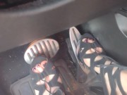 Big feet pedal pumping the gas pedal in strappy sexy black heels 11/16