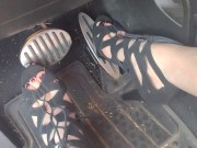 Big feet pedal pumping the gas pedal in strappy sexy black heels 13/16