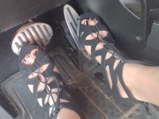 Big feet pedal pumping the gas pedal in strappy sexy black heels 15/16