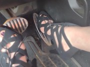 Big feet pedal pumping the gas pedal in strappy sexy black heels 3/16