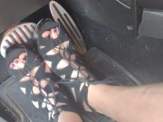 Big feet pedal pumping the gas pedal in strappy sexy black heels 6/16