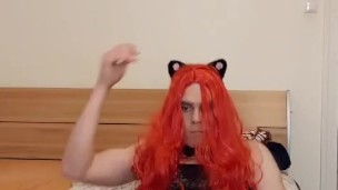 Redhead Crossdresser slut jerks the cock