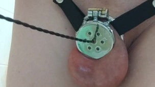 Запертый в пояс членик испытывает на себе катетер