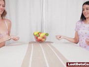 Lesbians using sex toys while tied to the bed following a strip game 7/16