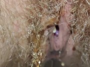 Natural hairy pussy pissing with menstrual cup inside 💦 Close up 6/16