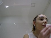 Sexy and horny petite brunette college girl and her amazingly beautiful cute redhead babe friend in a softcore porn backstage 14/16