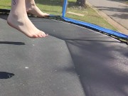 Slow motion jumping on a trampoline in shorts & T-shirt regular woman jumping not a big tit slut 14/16