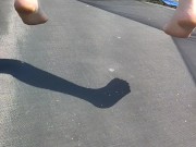 Slow motion jumping on a trampoline in shorts & T-shirt regular woman jumping not a big tit slut 15/16