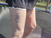 Slow motion jumping on a trampoline in shorts & T-shirt regular woman jumping not a big tit slut 16/16