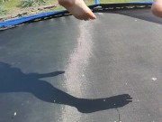 Slow motion jumping on a trampoline in shorts & T-shirt regular woman jumping not a big tit slut 3/16