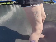 Slow motion jumping on a trampoline in shorts & T-shirt regular woman jumping not a big tit slut 6/16