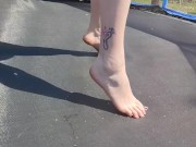 Slow motion jumping on a trampoline in shorts & T-shirt regular woman jumping not a big tit slut 8/16