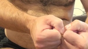 Hairy muscle bear flexing in black boxer briefs