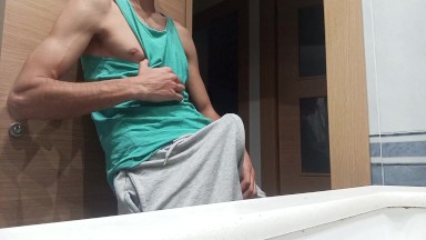 Slim Guy in a Tank Top Shows How He Cums with His Huge Shaved Cock