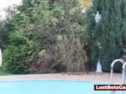 Pool side wrestling with three sexy girls before going and playing with sex toys 7/16