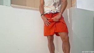 Sexy guy masturbates his big cock on friend's balcony - Risky fun and Explosive finish