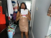 Trying on suntan pantyhose shinny leg in leather dress 3/16