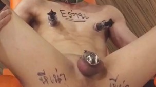Sluty slave with chastity cage get fuck by fucking machine