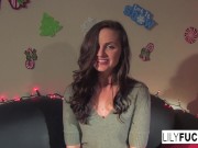 Gorgeous small tit brunette showing off her newest toys 3/16