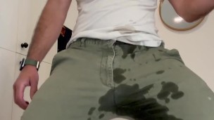 Piss in pants and cumming with ball stretcher