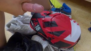 Trashing Puma Rebound and white nike AF1 and cumming on Fox helmet