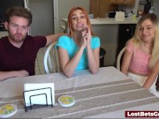 Two sexy girls loses all their clothes so they suck and fuck their winner friend 2/16