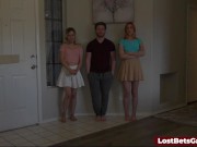 Two sexy girls loses all their clothes so they suck and fuck their winner friend 3/16