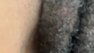 hairy ebony pussy keeps leaking creamy cum trying not to squirt (close up)