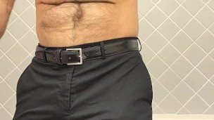 HAIRY MUSCLE BEAR FLEXING AND SHOWS OFF ARMPITS IN JUST DRESS PANTS