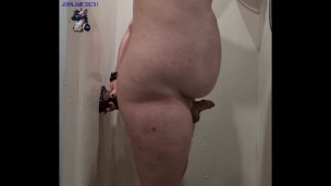 White kiwi bear in shower gets dildo after dildo deep in ass