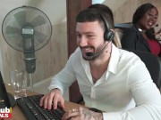 Fakehub call center girl gets super creamy wet pussy during work and fucks her co-worker before big tits black boss joins in 4/16