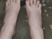 Wiggling my long toes with red polish big footed 16/16