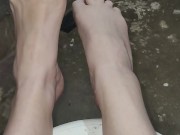 Wiggling my long toes with red polish big footed 3/16