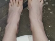 Wiggling my long toes with red polish big footed 4/16