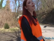 Public Agent redhead teen working outside is interupted by the agent with an offer to flash her tits and fuck outdoors 3/16