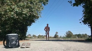 Naked, horny muscle, masturbating outside on a hot day (risky)
