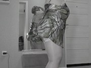 Mature BBW MILF with big natural saggy tits and hairy pussy gets fucked by a big dildo until orgasm. 2/16