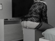 Mature BBW MILF with big natural saggy tits and hairy pussy rides a big dildo to orgasm. 7/16