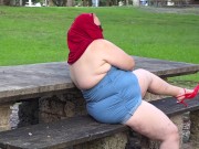 Pissing in public  - busty milf in mini dress showing off big juicy ass and flashing pussy close up