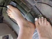 Pedal pumping barefooted in my big truck with white toe nails 12/16