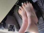 Pedal pumping barefooted in my big truck with white toe nails 16/16